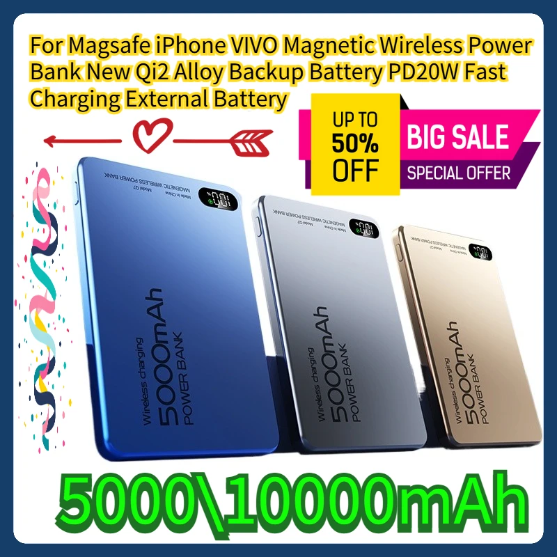 

For Magsafe iPhone VIVO 10000mAh Magnetic Wireless Power Bank New Qi2 Alloy Backup Battery PD20W Fast Charging External Battery