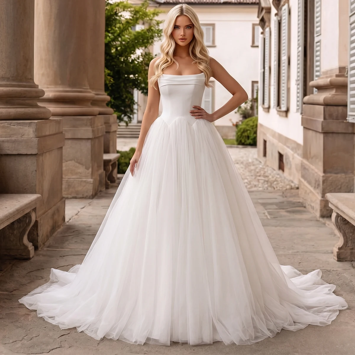 

Classic Tulle Puffy Ball Gown Wedding Dress For Bride Strapless Bridal Party Gown For Women Long Vestidos Novia