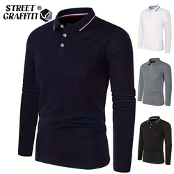 Men Spring Long Sleeve Polo Shirt Business Button Turn Down Lapel Pure Solid Slim Fit Soft Comfortable Golf Shirt Dropshipping