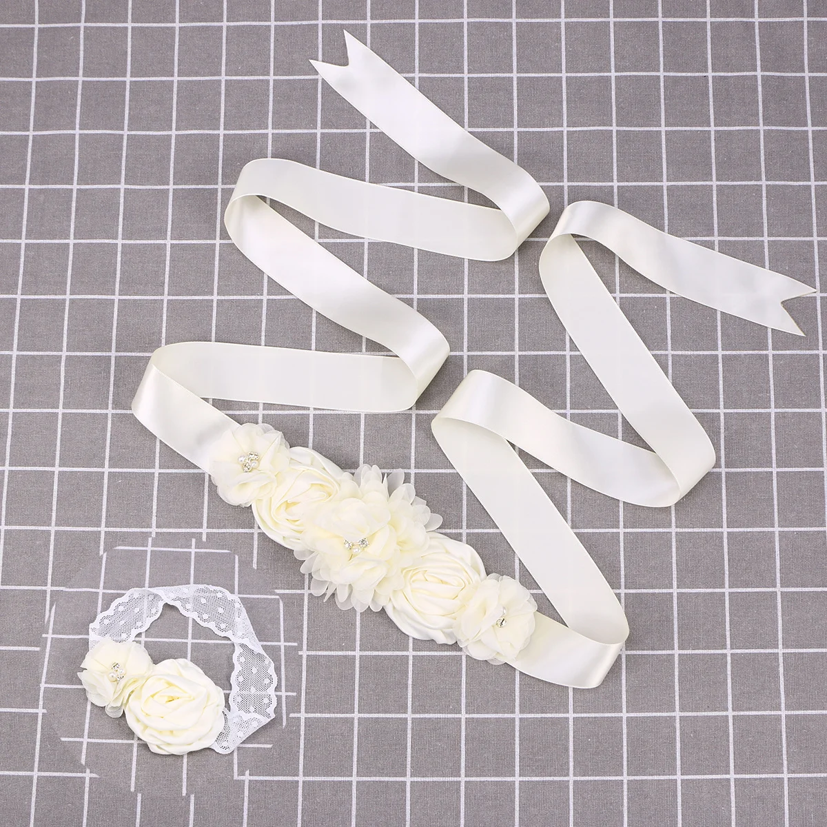 

2Pcs Flower Sash Belt Satin Ribbon Rhinestone Pearl Bridal Wedding Evening Dress Maternity Photo Prop Shower Gift