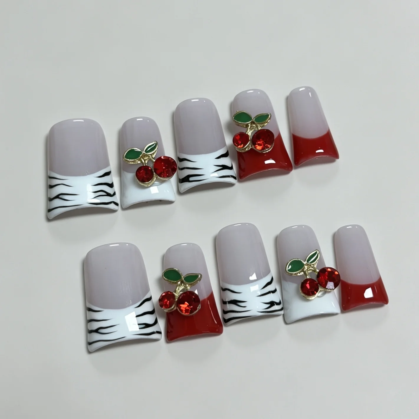 Medium Square 10Pcs French Press On Nails, Nude White Red Zebra Stripe Cherry Charms False Nails, Sweet Cool Nail Art