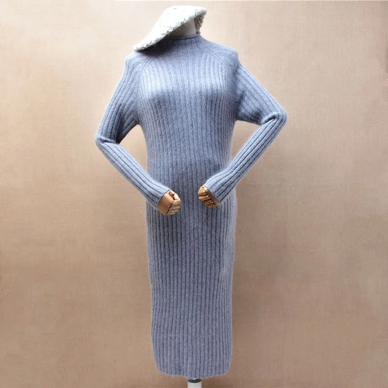 Ladies Women Autumn Winter Grey Striped Hairy Angora Rabbit Hair Knitted O-Neck Long Sleeves Slim Blouses Pullover Sweater Dress