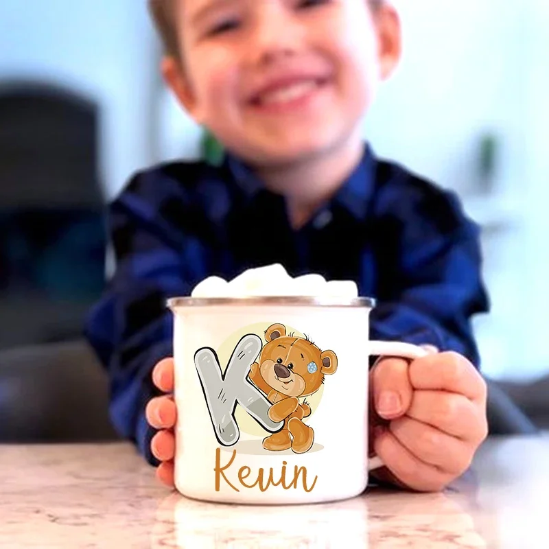 Bear Printed Creative Enamel Cup Custom Letter with Name Coffee Drink Milk Mug Handle Drinkware Personalised Kid Birthday Gifts