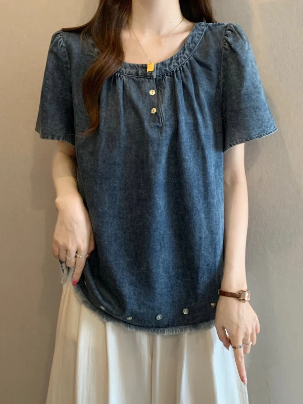 

Thin Short Sleeve Denim Shirt Women's Summer New Big Size Doll Shirt Sweet And Salty Shoulder Korean Style Loose Fit Commute