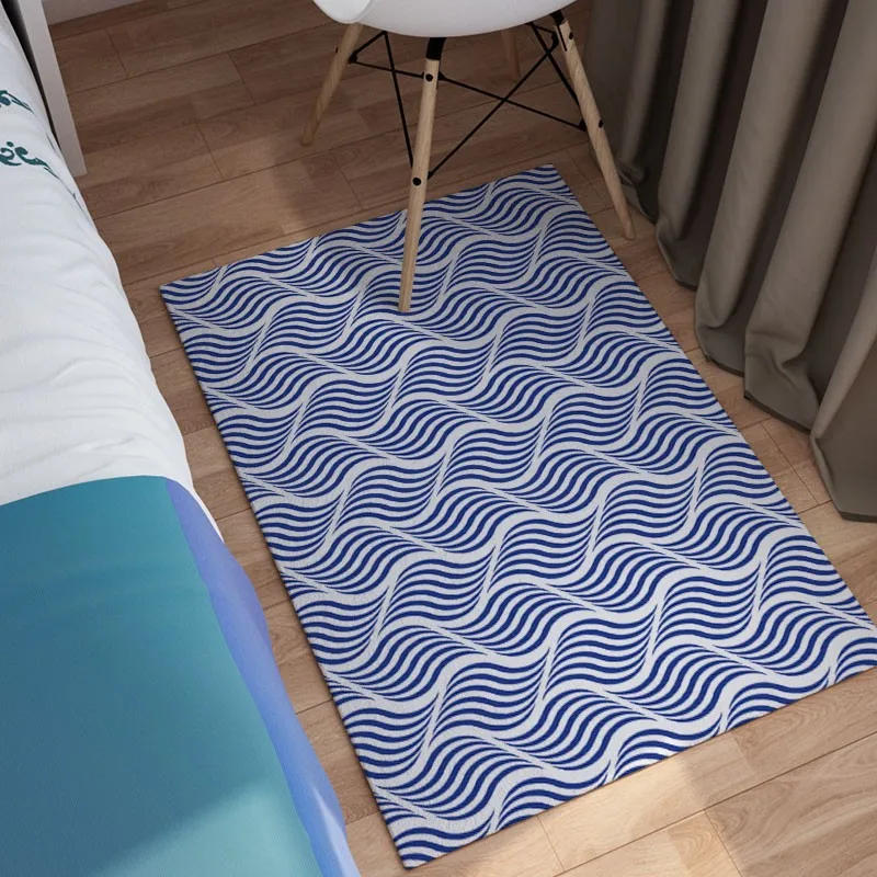 

Reese Velvet Short Fleece Minimalist Living Room Carpet Bedside Rugs Mediterranean Style Blue Wave Stripes Sofa Floor Decor Mats