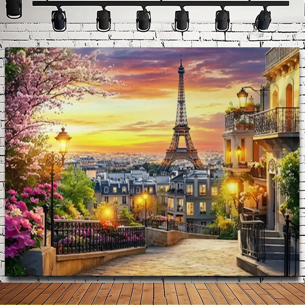Paris Eiffelturm Sonnenuntergang-Szene Banner-Hintergrund, geeignet für Geburtstagsfeiern, Heimdekoration, Fotografie-Hintergrundstoff
