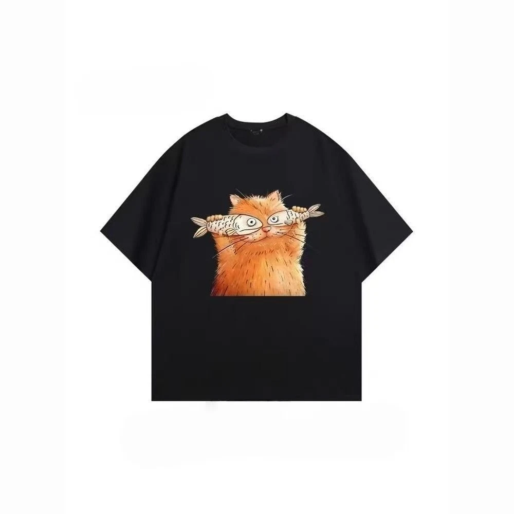 

American Loose Design Sense, Funny Cat Print Short-sleeved T-shirt, Women's Summer Pure Cotton Cartoon Clothes on Instagram