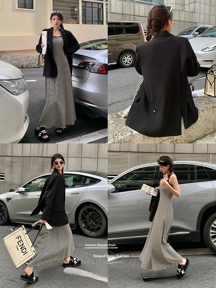 

Plus Size Slimming Effectiven Knitted Set Women's Sli Suit Jaet Striped Knitted Tube Dr Two-Piece Set Korean Sle Long Sve