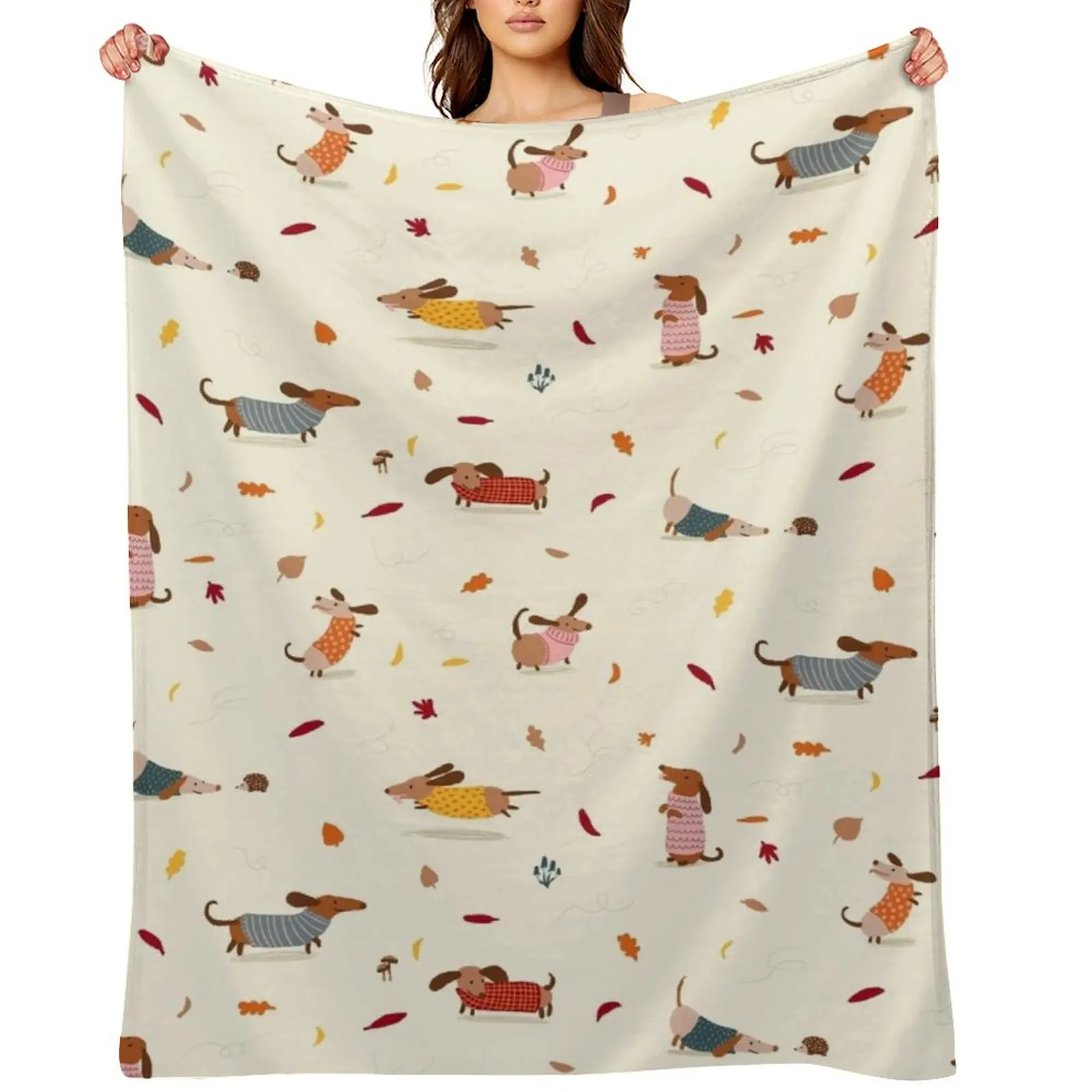 

Cute Dachshunds in Winter Sweaters with Autumn Leaves Throw Blanket Fashion Sofas Furry Stuffeds Blankets