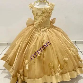 Guldfärgade Brudnäbbsklänningar för Bröllop Blommig Spets Applikationer Flicka Balklänning för Fotografering Första Kommunionsklänningar Anpassade 10 best sales Girl first communion dress - №5