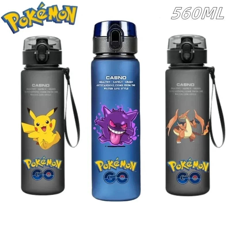 Botella de agua portátil de Pokémon para niños, vaso de plástico de gran capacidad para deportes al aire libre, Gengar Pikachu, regalo, 560ML