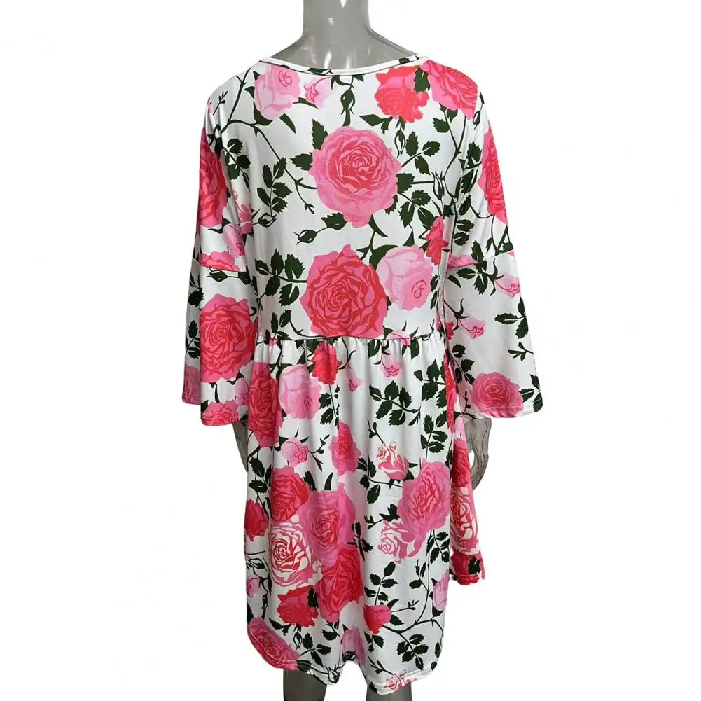 

Printed Dress Floral Print A-line Midi Dress with Three Quarter Sleeves Pleated Hem Casual Beach Summer Women's O Neck Knee