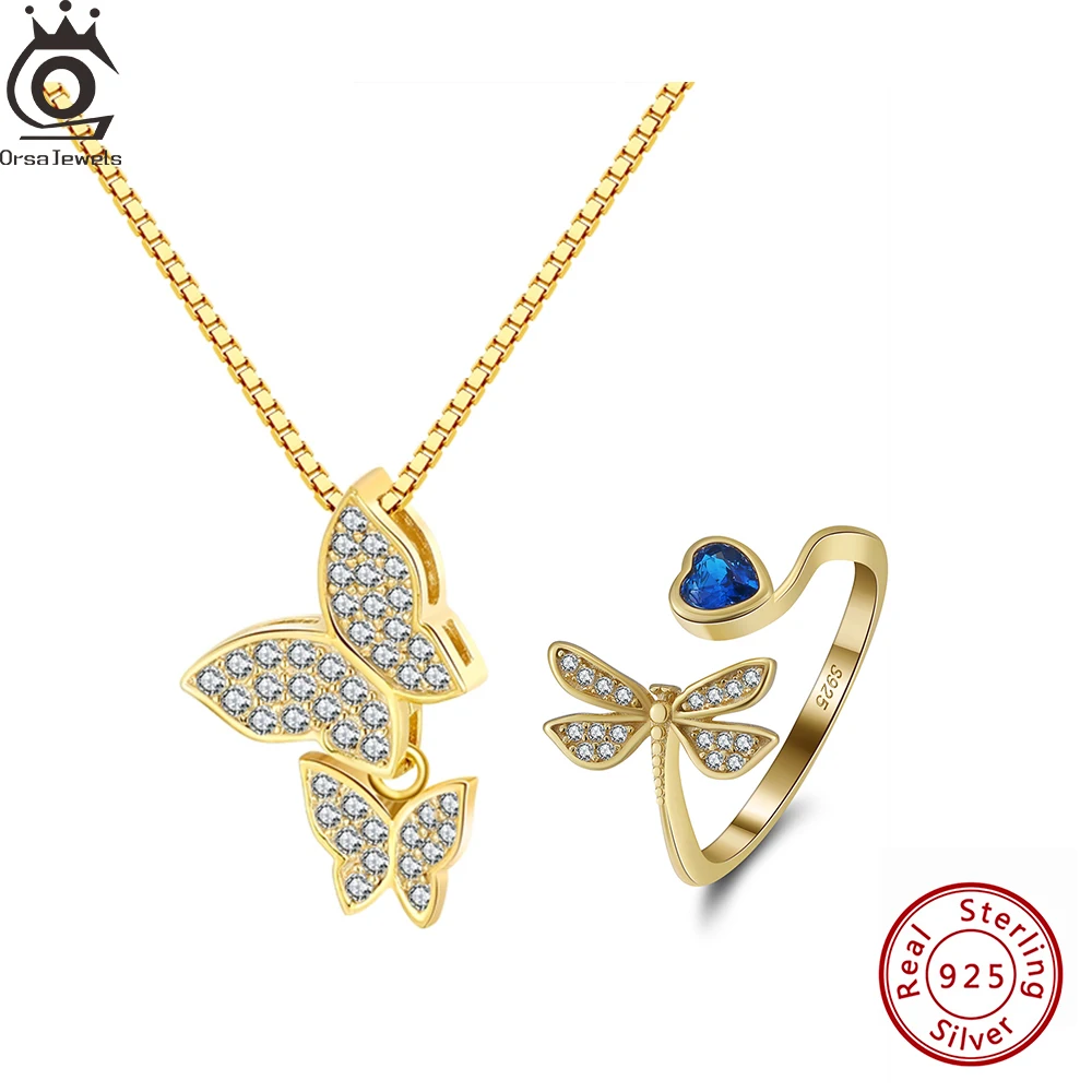 

ORSA JEWELS New Shiny 925 Sterling Silver Jewelry Sets Butterfly Wedding Pendant Necklace Open Ring with Cubic Zircon Gift SN191