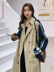 LANMREM Korean Striped Stitching Trench Coat Women's Lapel Double Breasted Color Block Belt Windbreaker Coat 2024 Autumn 2Z2397