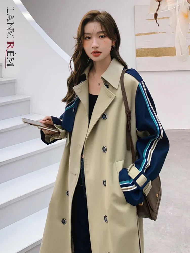 LANMREM Korean Striped Stitching Trench Coat Women's Lapel Double Breasted Color Block Belt Windbreaker Coat 2024 Autumn 2Z2397