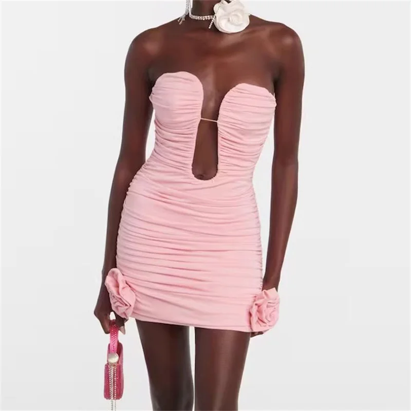 

fashion summer dresses 2024 New in Sexy V-neck backless mini skirt Pleated slim fit elastic Short dresses3D flower Party dresses