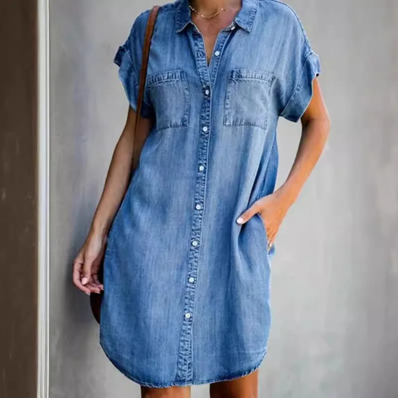 

Summer New Single Breasted Denim Shirt Dress Women's Casual Loose Pocket Simple Retro Commuter Female Office Denim Short Skirt