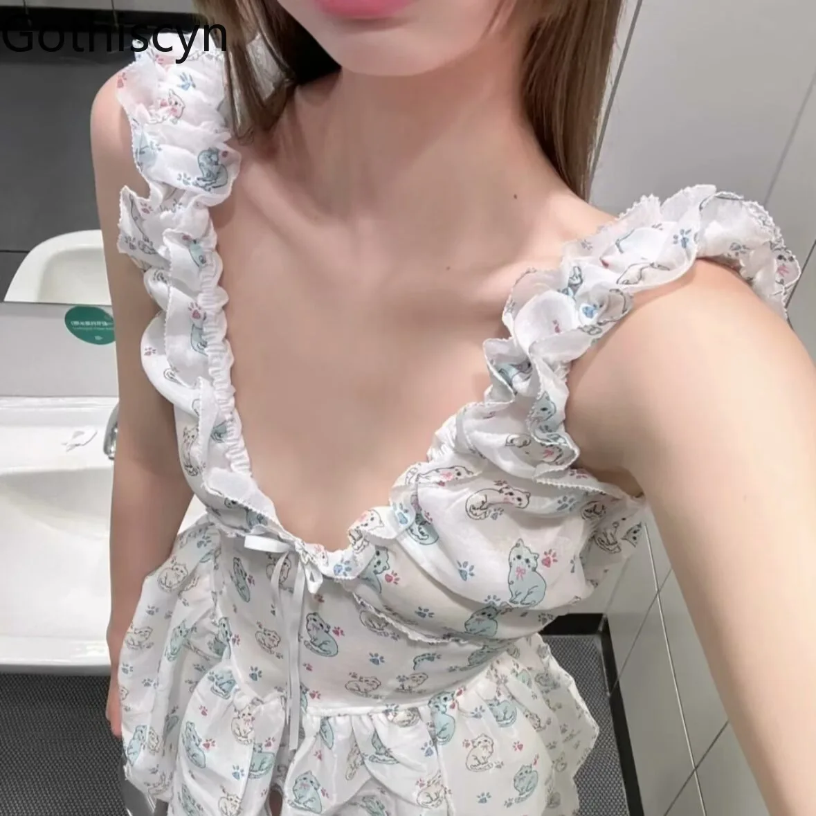 

Gothiscyn Cat Print V-neck Dress Women's Spring and Summer Lace-up Slim Fit Sleeveless A-line Short Dress Fashion Female Clothes