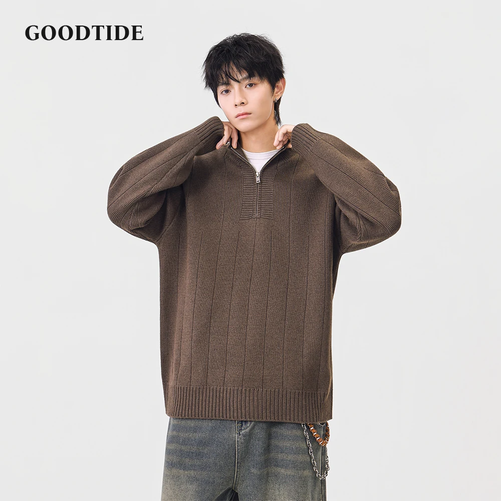 

Модный мужской повседневный свитер с воротником-стойкой на молнии, зима 2025, новый вязаный пуловер в рубчик, удобный мягкий джемпер с длинными рукавами, топ