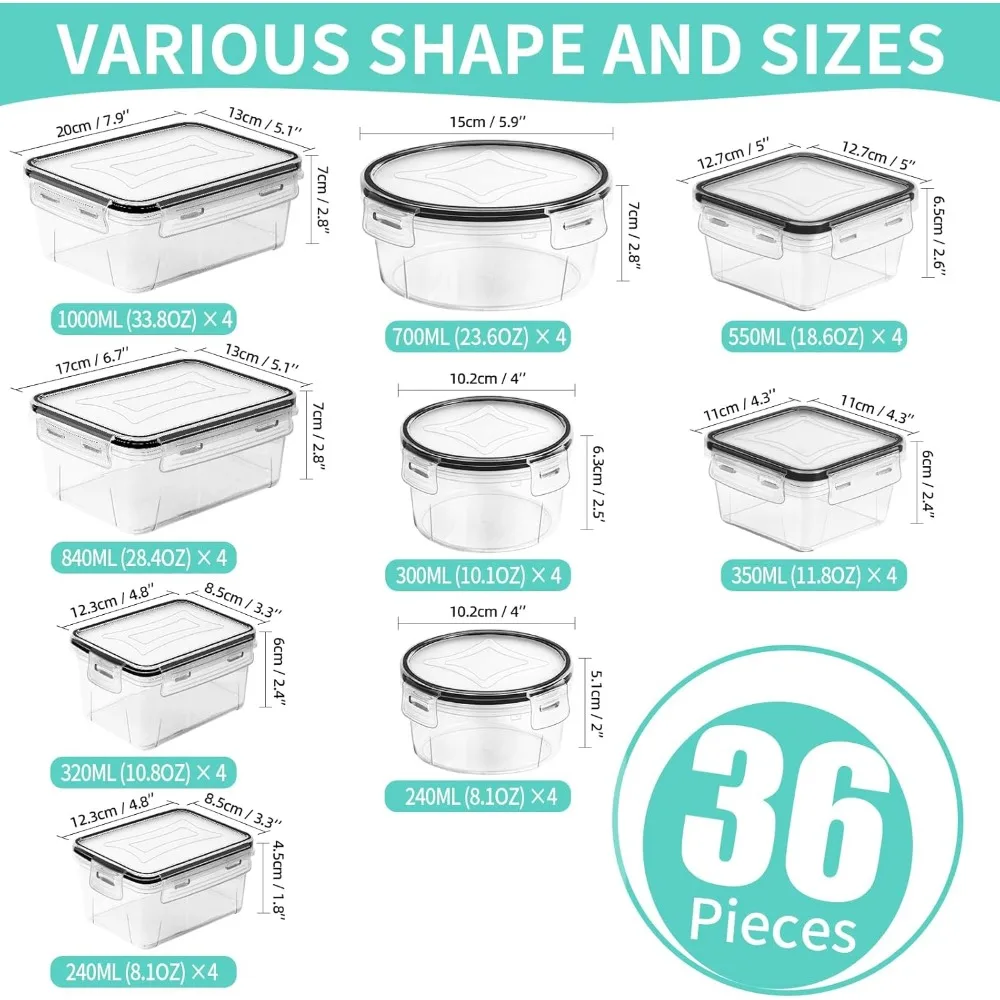 Juego de contenedores herméticos para almacenamiento de alimentos de 72 piezas con tapas, organizadores de cocina a prueba de fugas para preparación de comidas y despensa