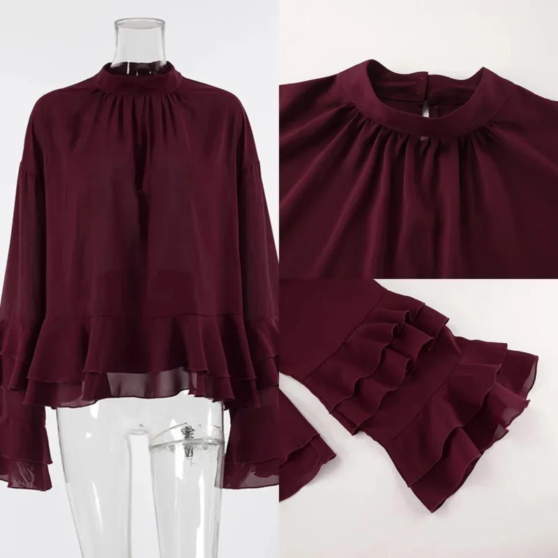 

Fashion Women See-Through Ruffled Long Sleeve Blouse Casual Vintage O-Neck Elastic Drawstring Top Chic Summer Versatile Shirts