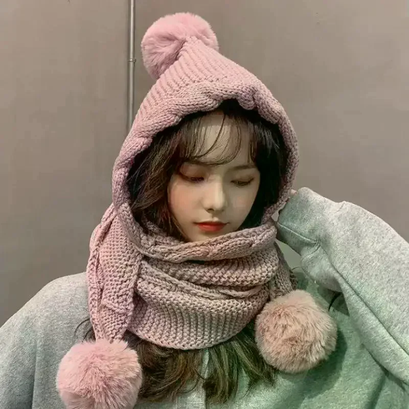 سميكة محبوك قبعة صوفية مقنعين وشاح قبعة حماية الأذن قبعات دافئة قبعة الشتاء ووشاح كومبو للنساء