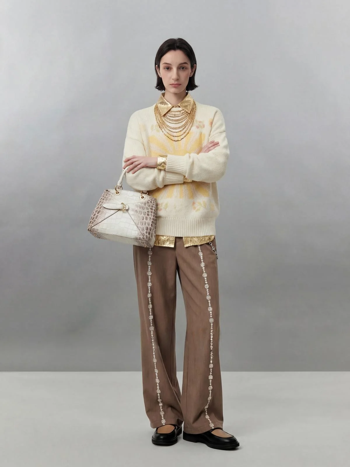 

White Knitted Sweater Women's Casual Sle Print Uncle Spring 2026 Loose Fit Long Sve Plant Floral Pattern