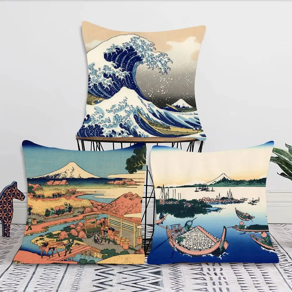 Japan Mount Fuji Ukiyo-e Retro Pillow Case Fashion Square Pillowcase Bedroom Sofa Room Ins Decoration Leisure