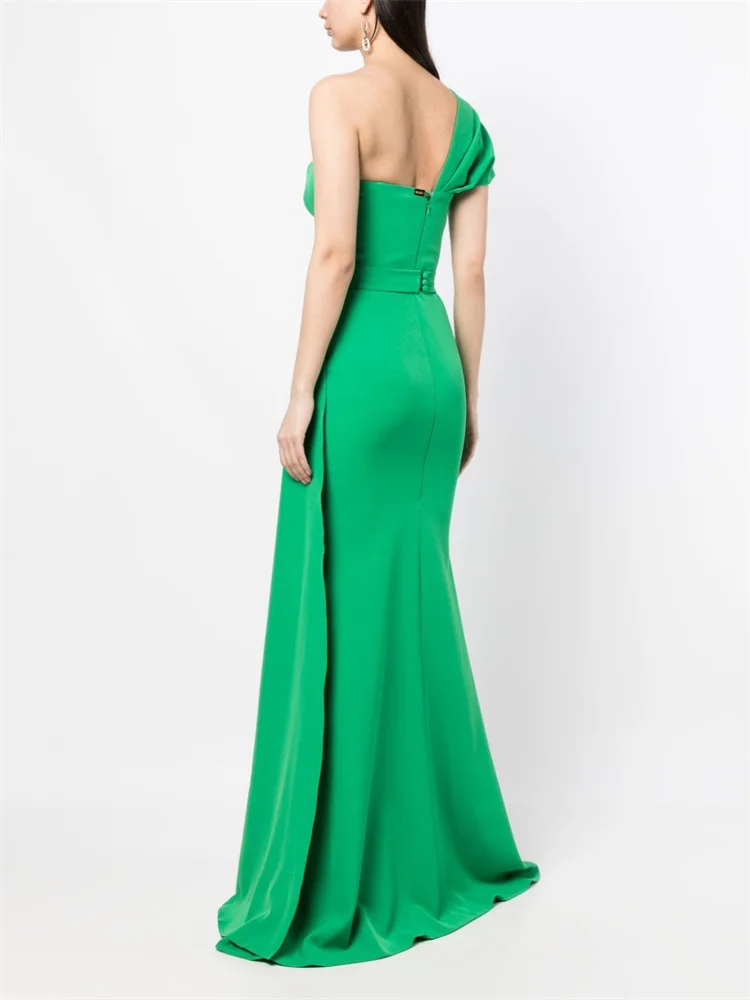 Customized One-Shoulder Neckline Sleeveless Mermaid Satin Evening Dress Open Back Zipper Floor Length Sweep Train Gown For Women