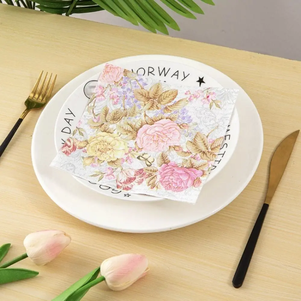 40PCS Disposable Flower Printed Paper Napkin Double Layer Thickened Paper Towels Good Water Absorption Soft Tissue Hotel