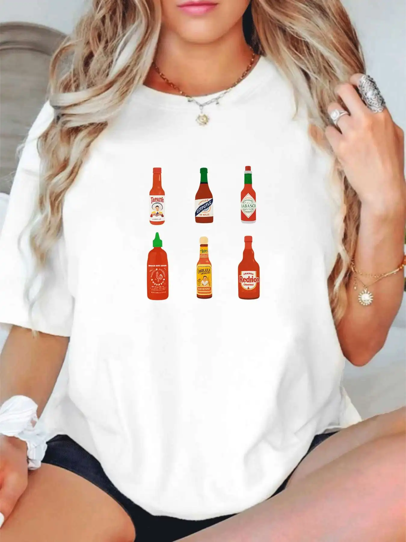 

【10113860】 Женская футболка больших размеров с круглым вырезом и короткими рукавами, эластичными половинными рукавами и модными принтами