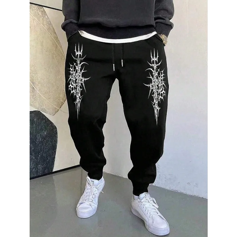 

Мужская мода, уличный стиль, спортивные штаны с принтом на шнурке, свободные спортивные штаны с готическим узором, повседневные удобные мужские брюки