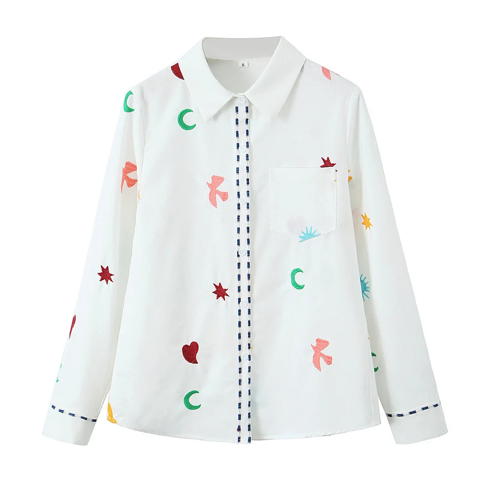 2024 Women\'s Fashion New Embroidered Starry Moon White Casual Shirt