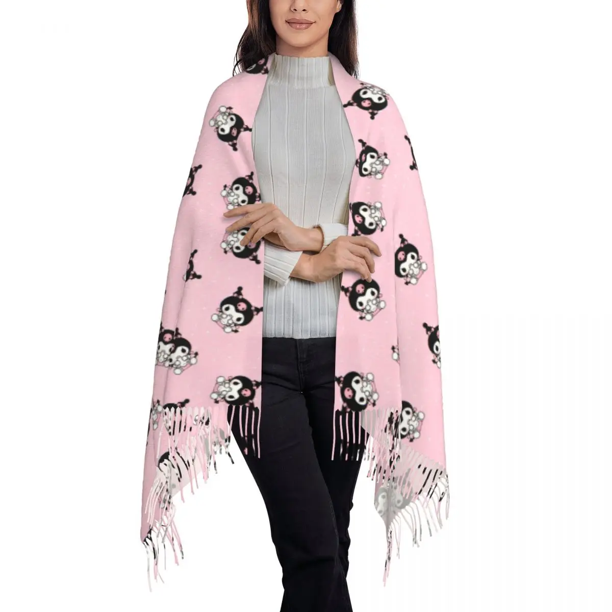 Autumn Winter Kuromi Shawl Sanrio Personalized Printed Hijab Birthday Female With Tassel Outwear