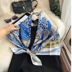 Bufanda de seda 100% para mujer, chal con estampado azul, a la moda, con bordes enrollados a mano, 90