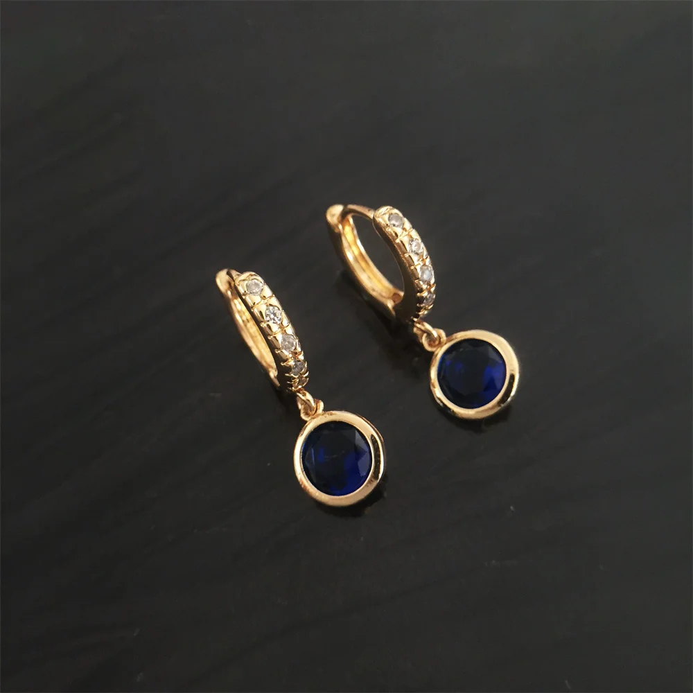 Classic Gold Color Plating Clear Ziron Paving Hoop Navy Blue Round Charm Earrings For Women Girl Dress Decoration Jewelry
