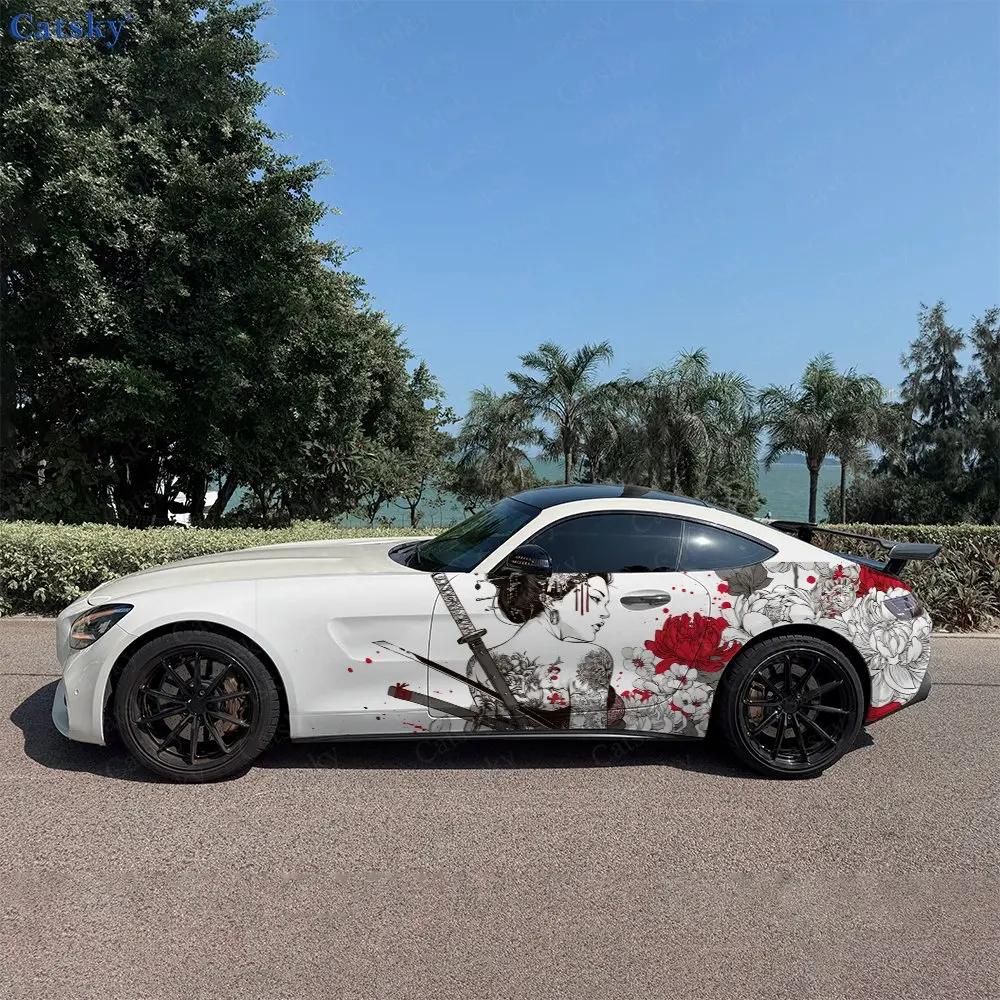 2pcs Splatter Ink Flower Classic Lady Car Side Wraps, Self-Adhesive PVC Waterproof & Scratch-Resistant Stickers, Car Accessory