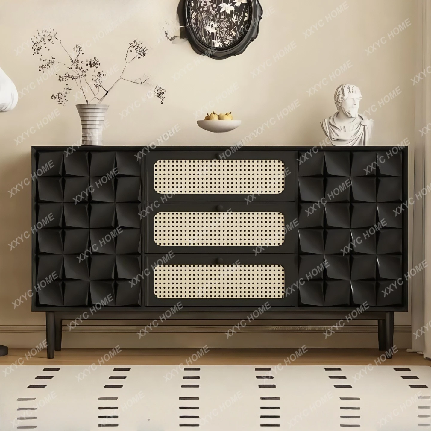 SS Lacquered sideboard, solid wood rattan simple modern storage cabinet