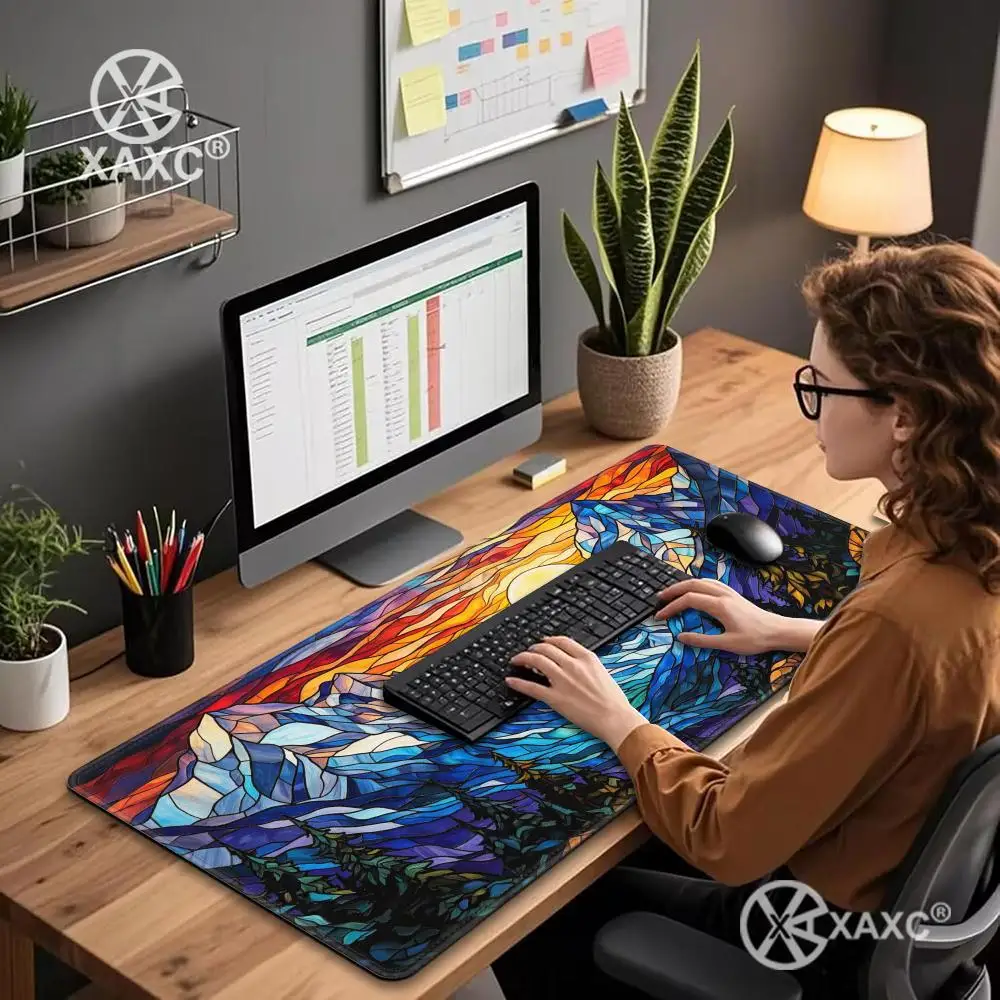 Stained Glass Mountain Desk Mat Colorful Sunset Landscape Mouse Pad Nature Art Gaming Desk Pad Scenic Office Setup Decor HYBXXC