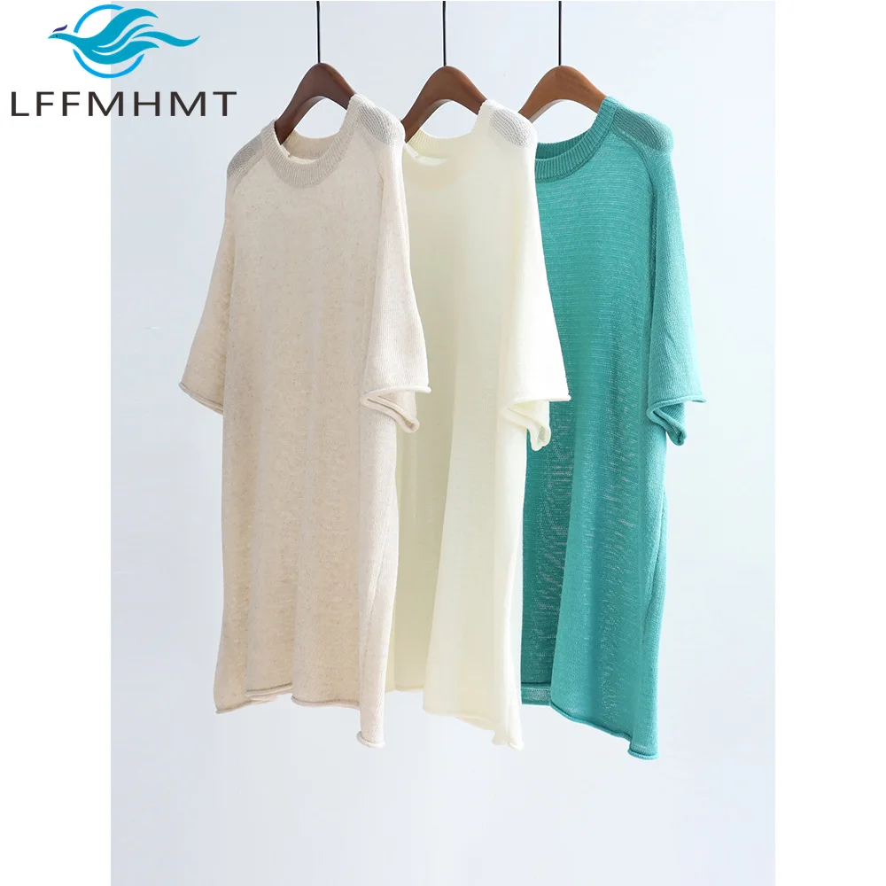 

Spring Summer New Fashion Tencel Linen Blend Knit Sweater Women's Loose Short Sleeve Round Neck Pullover Female Casual Tops