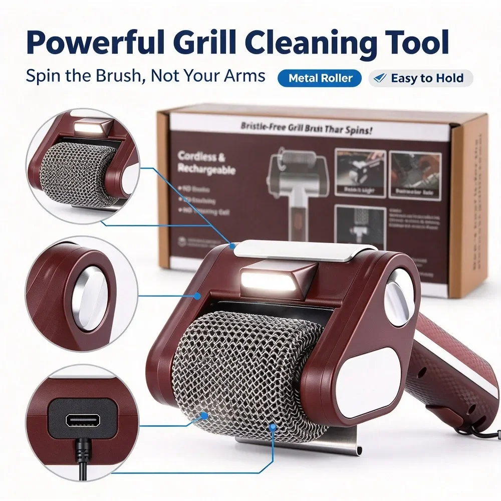 Electric BBQ Grill Cleaning Brush Handheld Rechargeable LED Light Stainless Steel for Outdoor Camping Home Kitchen Barbecue