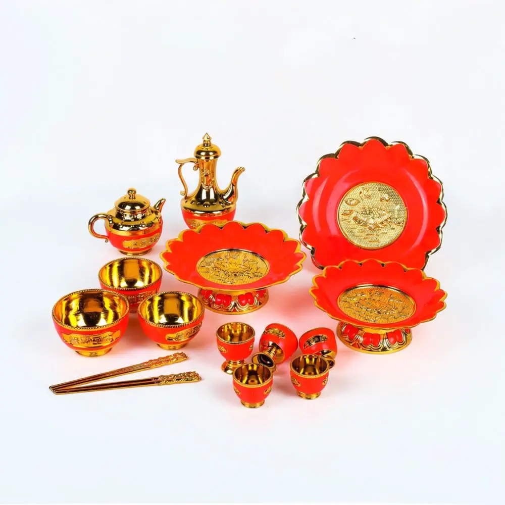 Traditional Gold Plated Plastic Offering Set Wine Pot Tea Kettle Worship Cups Lotus Plate For Buddhist Temple Home Shrine