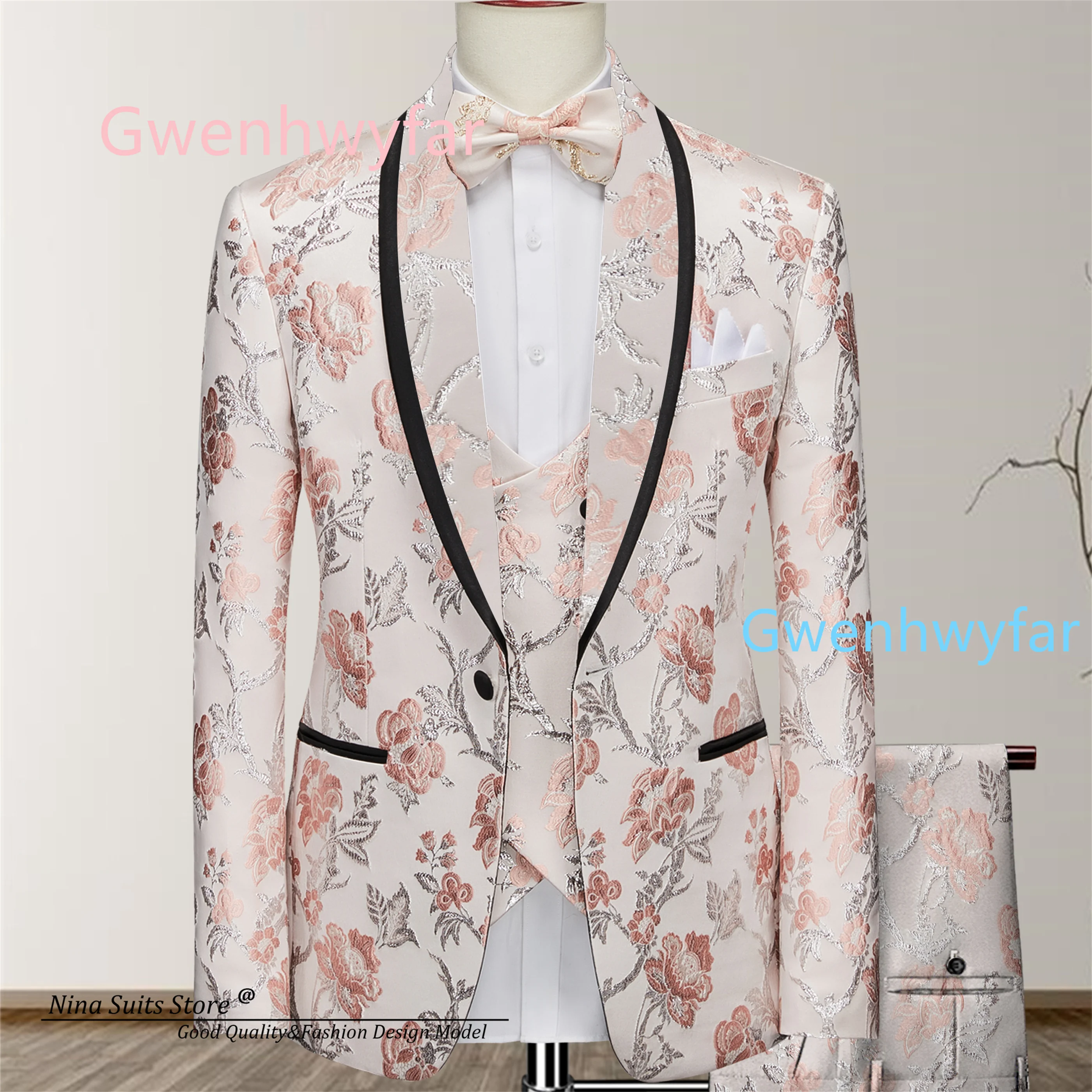 

G&N Pink and Silver Embroidered Jacquard Suit Men's Jacket with Black Satin Lines Groom's Dress for 2026 Fashionable Weddings