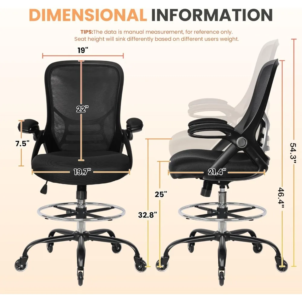 High Ergonomic Upright Office Chair with Rubber Wheels, Foldable Armrests, Adjustable Height and Ankle Loops, Office Chair