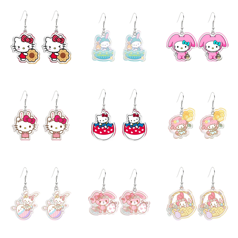 Kawaii Sanrio Hello Kitty Melody Kuromi Transparent Earring Hook Cute Pendant Earrings Girl Jewelry Accessories Kids Party Gift