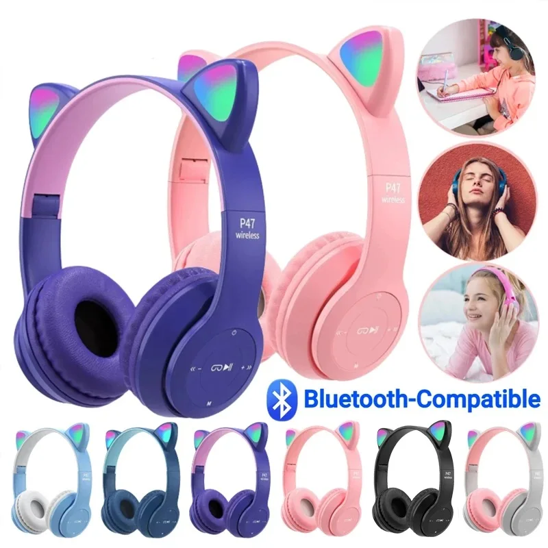 

Headphones P47M Wireless Bluetooth Headset Gamer Cat LED Light Waterproof Noise Cancelling Earbuds Wireless Bluetooth Earphones