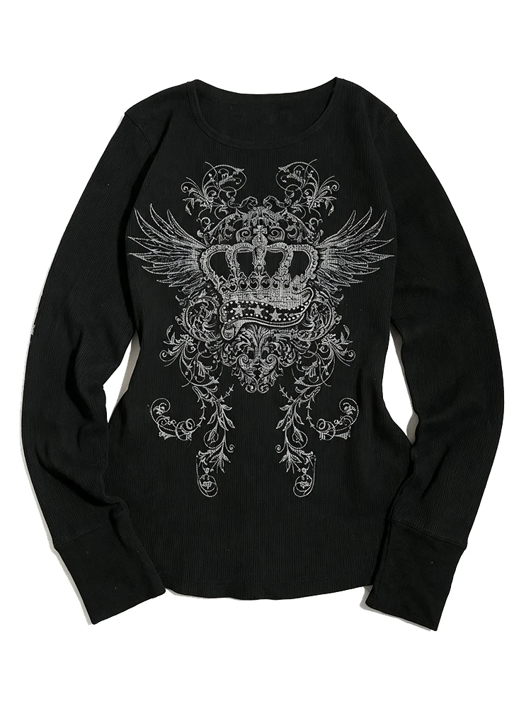 Women's Black Ribbed Long Sleeve Top with Crown Wing Print Slim Fit Y2K Gothic Streetwear Tee 2026 Fashion