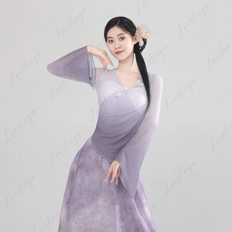 زي الرقص الكلاسيكي، فستان من الشاش المتدفق، زي الأداء، وضع الجسم الأثيري، رقص التدريب، البدلة الصينية