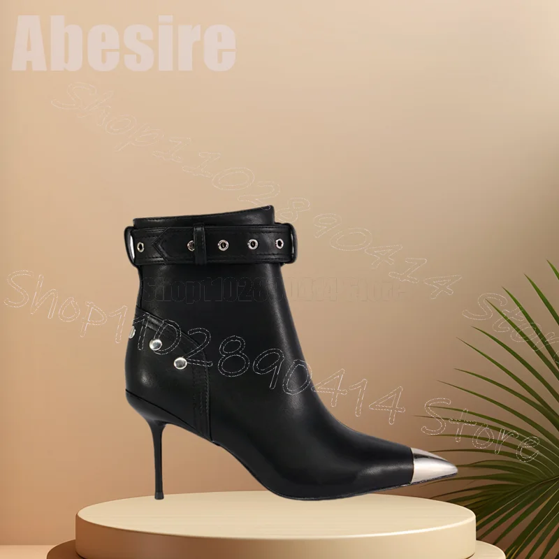 

Metal Pointed Toe Black Belt Fastener Ankle Boots Slip On Women Shoes Thin High Heels Sexy Party Dating 2025 Zapatos Para Mujere