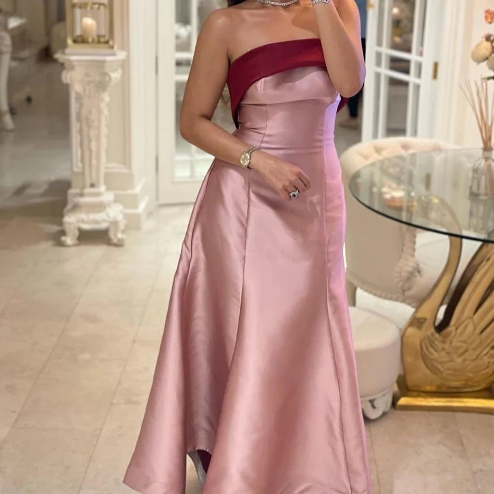 

Strapless Straight Satin Ankle Length Sleeveless Pleats Saudi Arabia Evening Gowns Fashion Dresses For Formal Occasions Modern